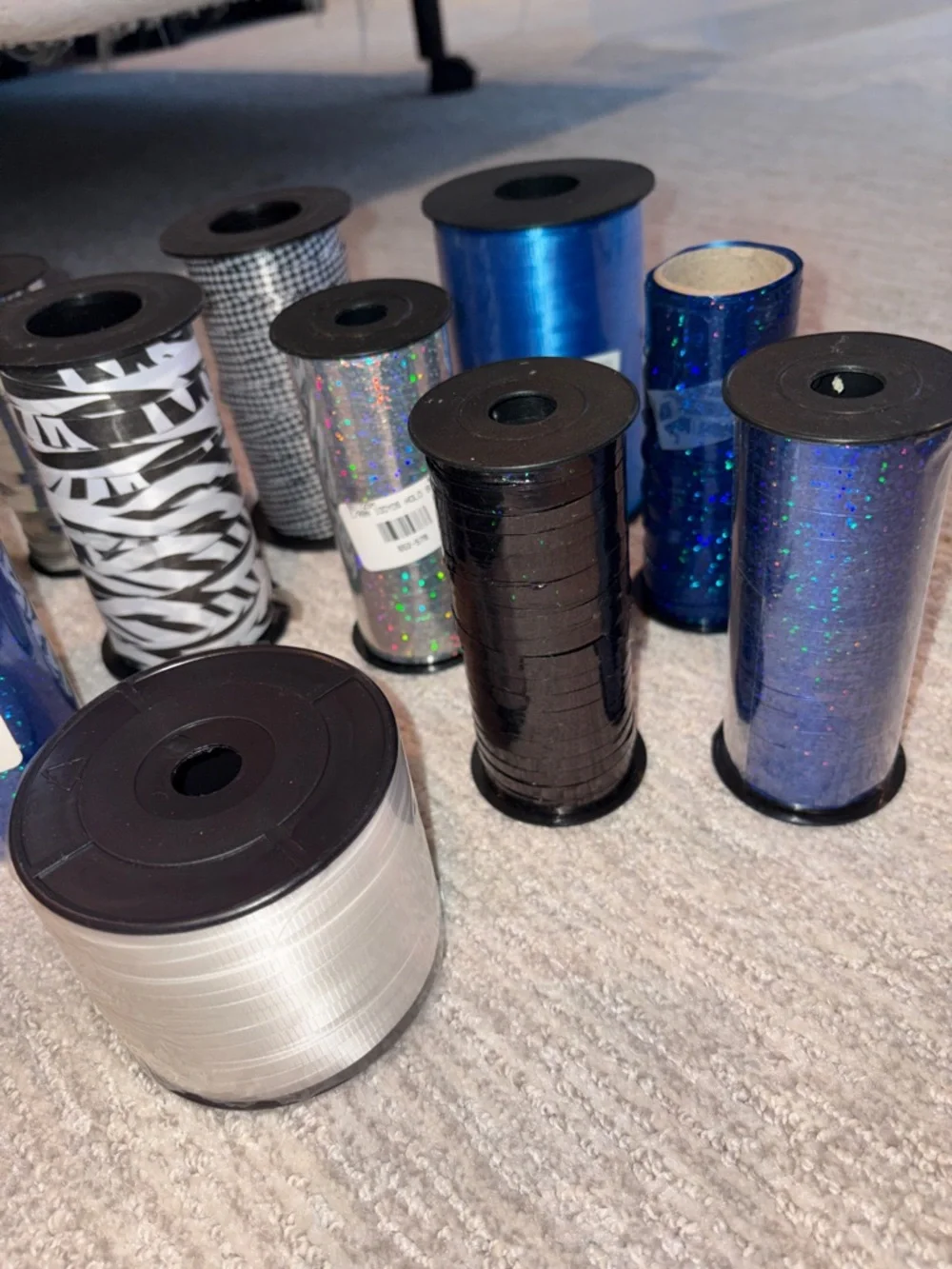 Lot of 11 Assorted Curling Ribbon - Blue, Black, Silver, White